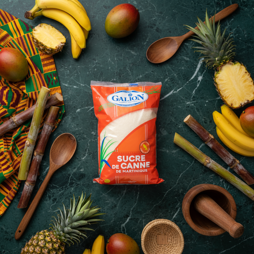 Sucre de canne LE GALION entouré de fruits tropicaux et de cannes à sucre, parfait pour recettes exotiques et sucrées-salées.